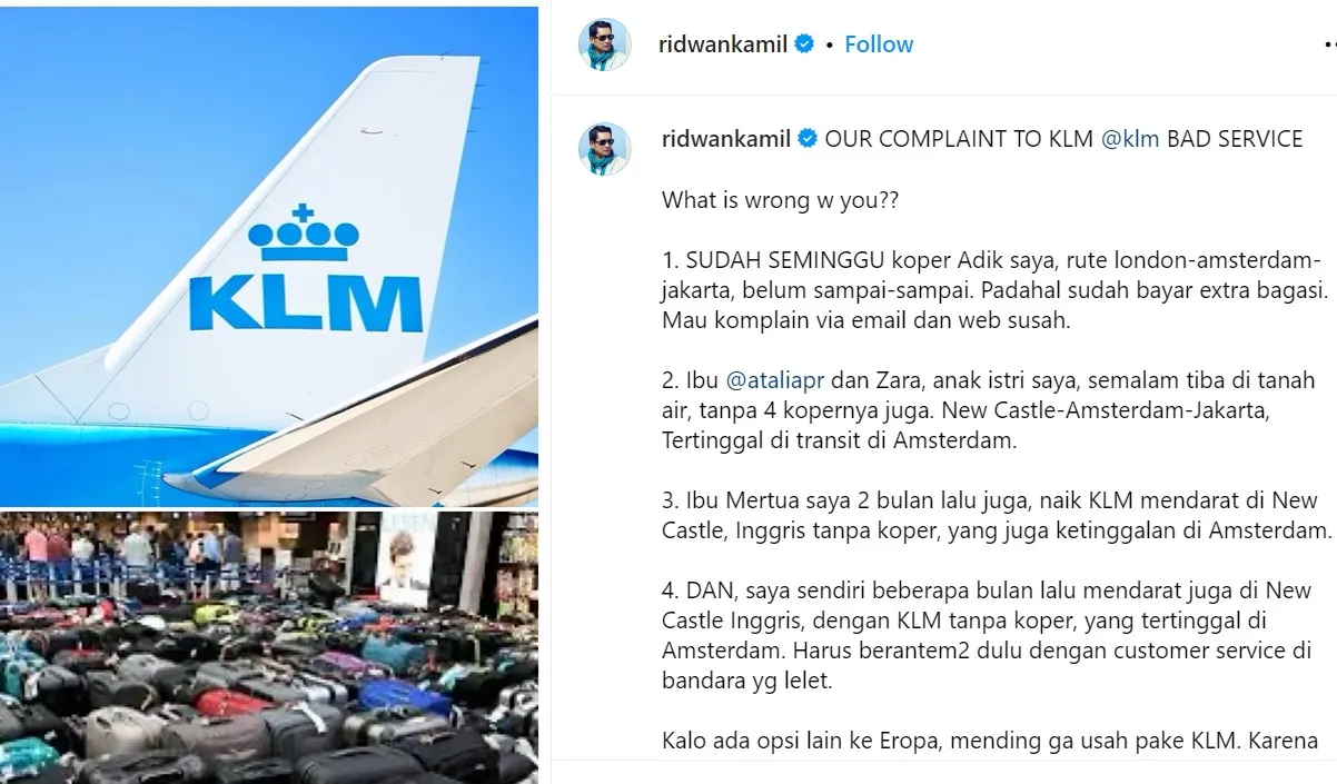 Ridwan Kamil Komplain ke Maskapai Belanda KLM karena Koper Tak Kunjung Sampai: Bad Service