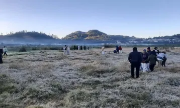 Wisatawan Berburu Embun Beku yang Selimuti Kompleks Candi Arjuna Dieng